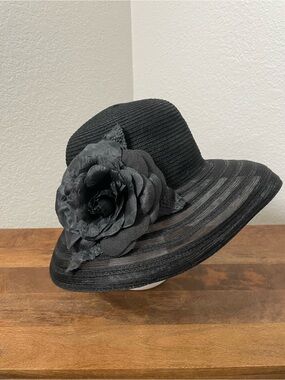 Swan Hat New York Black Wide Brim Floral Church Derby Statement Hat
